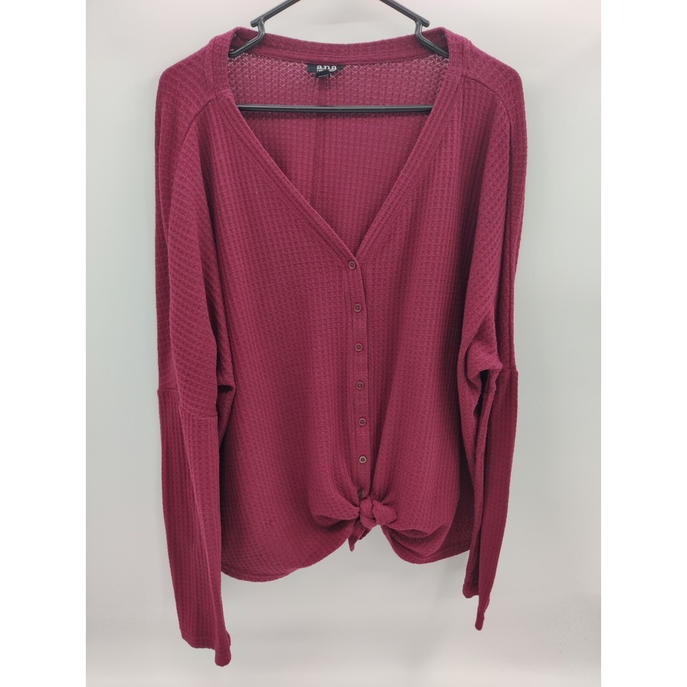 a.n.a Womens XXL Waffle Knit Button Front Tie Long Sleeve Top Burgundy